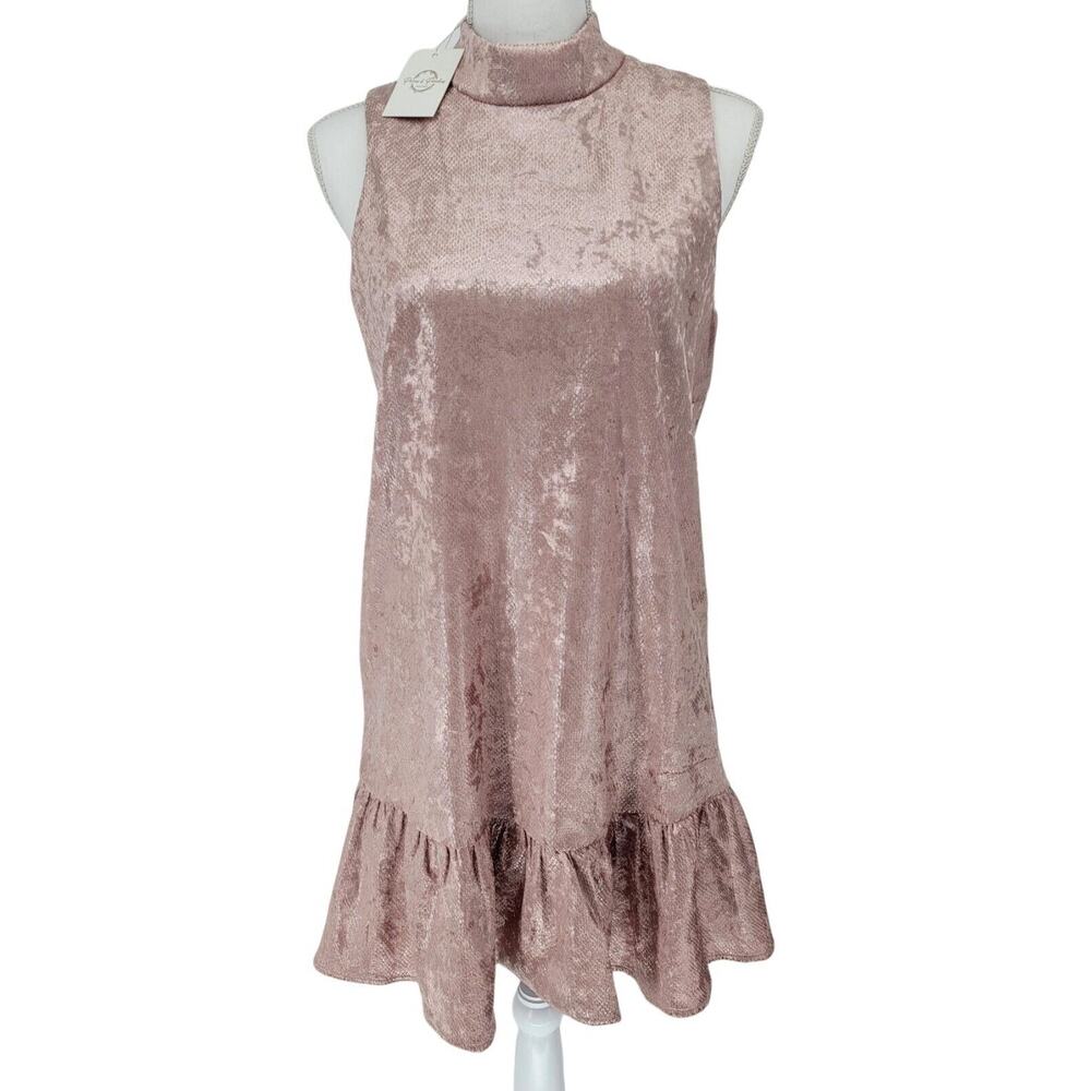 TCEC Blush Pink Velvet Mock Neck Ruffle Mini Dress Party,‎ Wedding, Glam, Size M